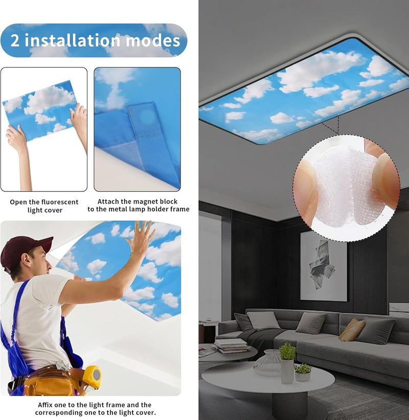 rndecuck 4Pcs Fluorescent Light Covers for Ceiling Lights,4x2 Feet Magnetic Light Covers,Drop Ceiling Lighting Covers Decor for Office,Kitchen,Classroom,Home,Hospitals (White Clouds) - Image 2